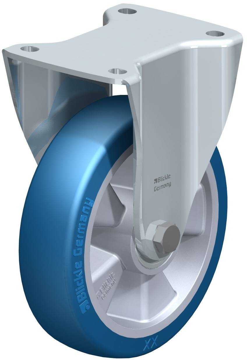 Schwenkrolle mit blauem Rad und silbernem Halter. Geeignet für industrielle Anwendungen, um schwere Lasten zu bewegen.