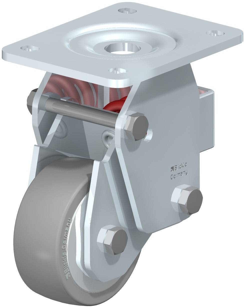 Metallisches Lenkrollenrad mit Befestigungsplatte und Schraubbefestigungen, geeignet für Maschinen oder Möbelbasis.