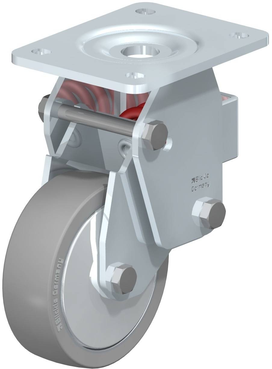 Industrie-Stützrad mit Metallsockel, grauer Gummiradfläche und rotierenden Teilen, geeignet für schwere Lasten und mobiler Einsatz.