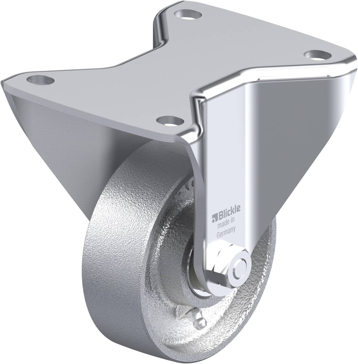 Industrie-Schwenkrolle aus Metall in silbernem Finish. Sie hat eine glatte Oberfläche und sieht robust aus.
