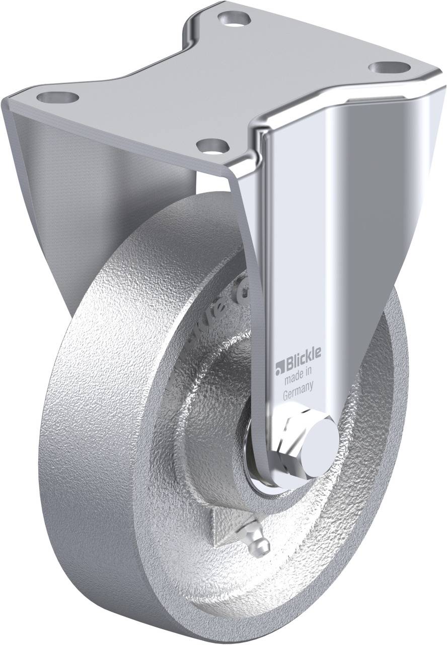 Schwenkrolle aus Metall mit quadratischer Montageplatte; geeignet für schwere Lasten. Markenlogo 'Blickle' auf der Seite sichtbar.