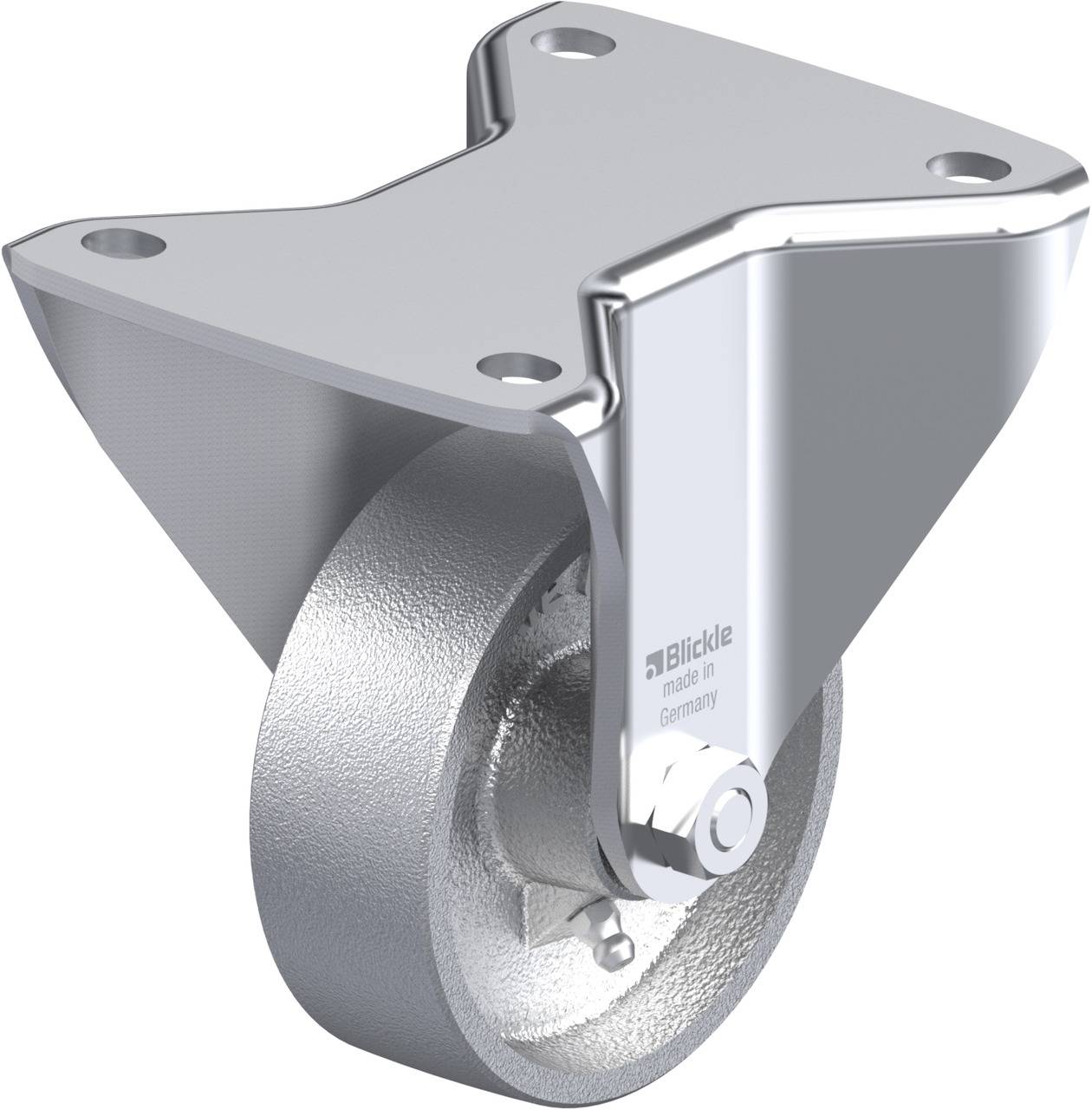 Metall-Lenkrolle mit Montageplatte und polierter Oberfläche. Aufschrift 'Blickle made in Germany' sichtbar.