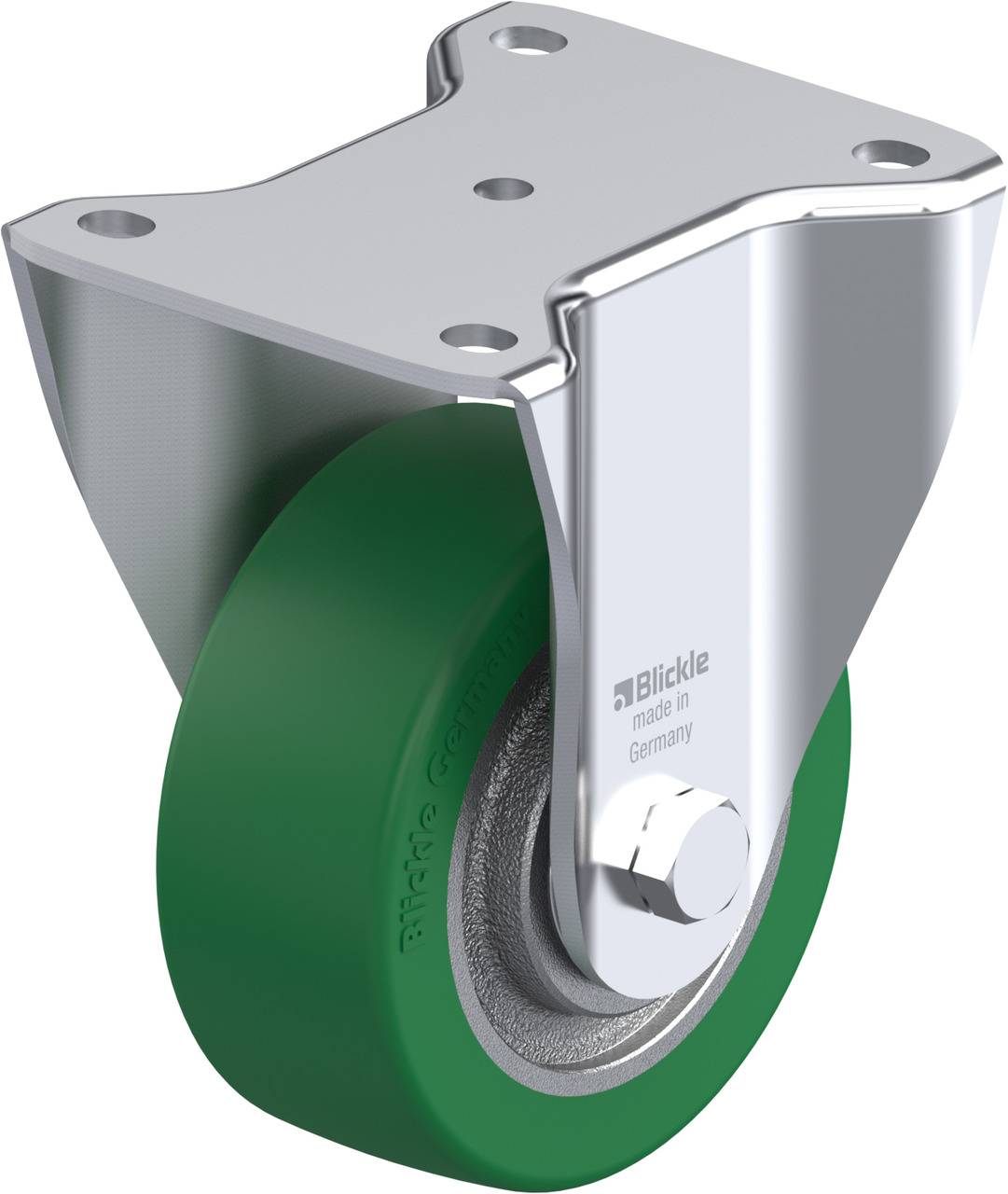 Einzelnes Laufrollenrad mit grünem Gummi und silberner Halterung. Das Rad hat eine Metallplatte mit drei Schraubenlöchern.