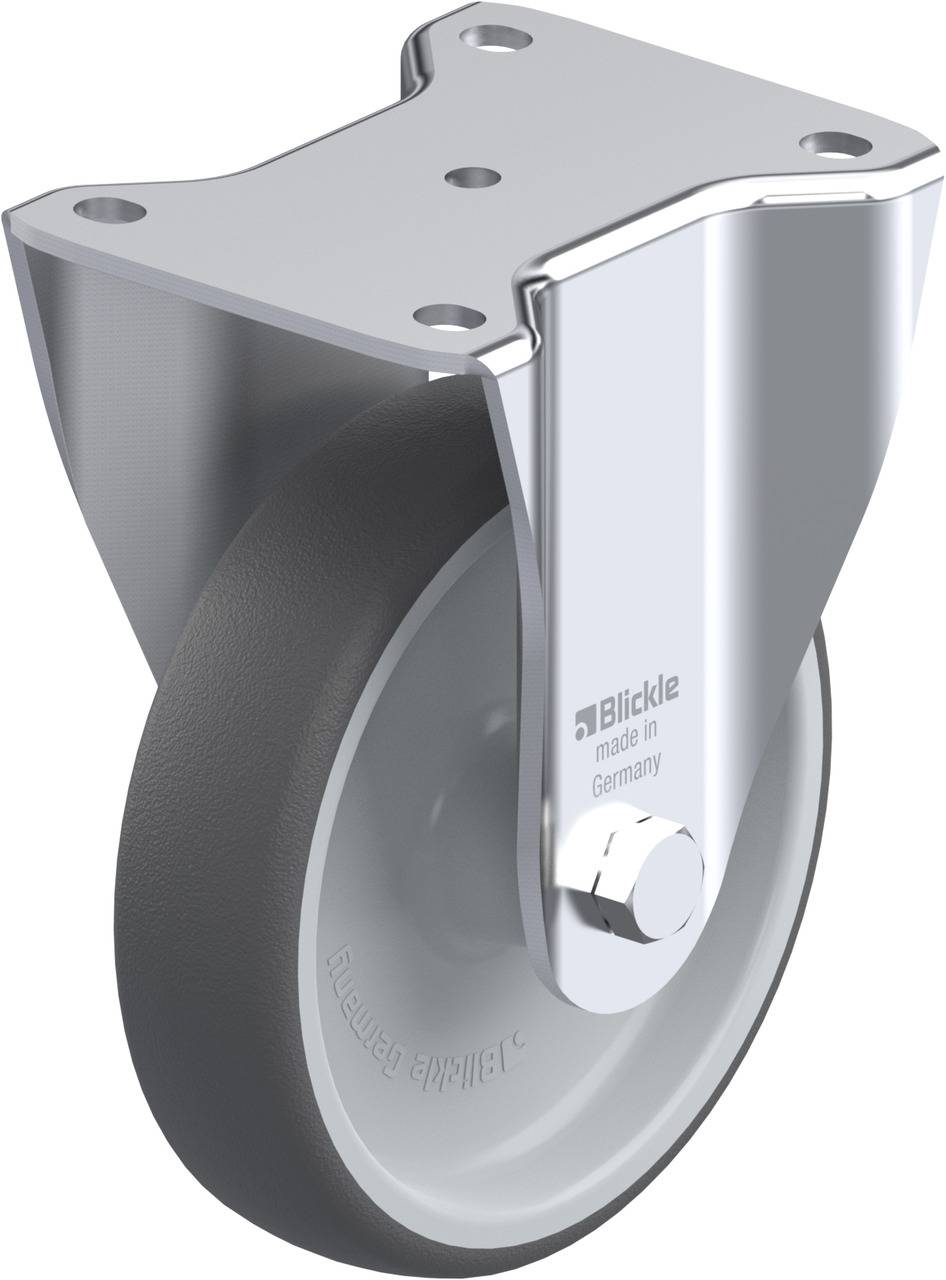Eine graue Rolle mit einer Metallhalterung, produziert von einem deutschen Hersteller, zeigt die Aufschrift 'Blickle made in Germany'.