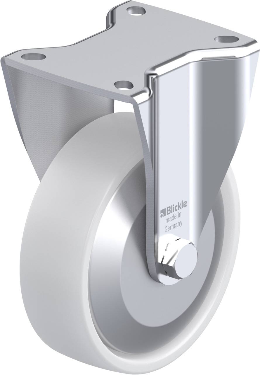 Ein Metall-Doppelrollenrad mit silbernem Gehäuse und weißem Rad, geeignet für die Befestigung an Möbeln oder Geräten.