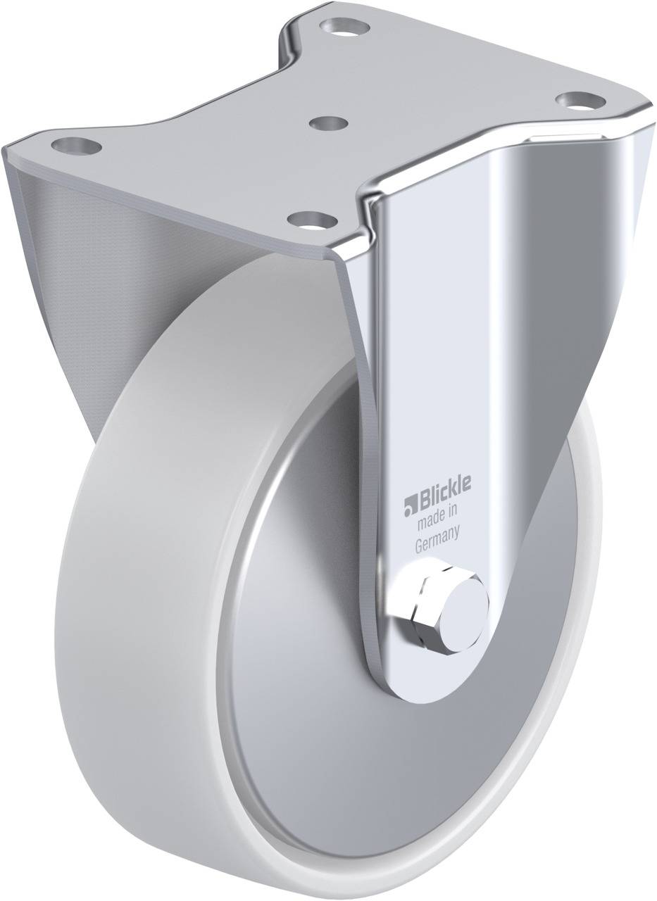 Metallenes schwerlastiges Rad mit halter. Etikett 'Blickle, made in Germany'. Designt für industrielle Verwendung.