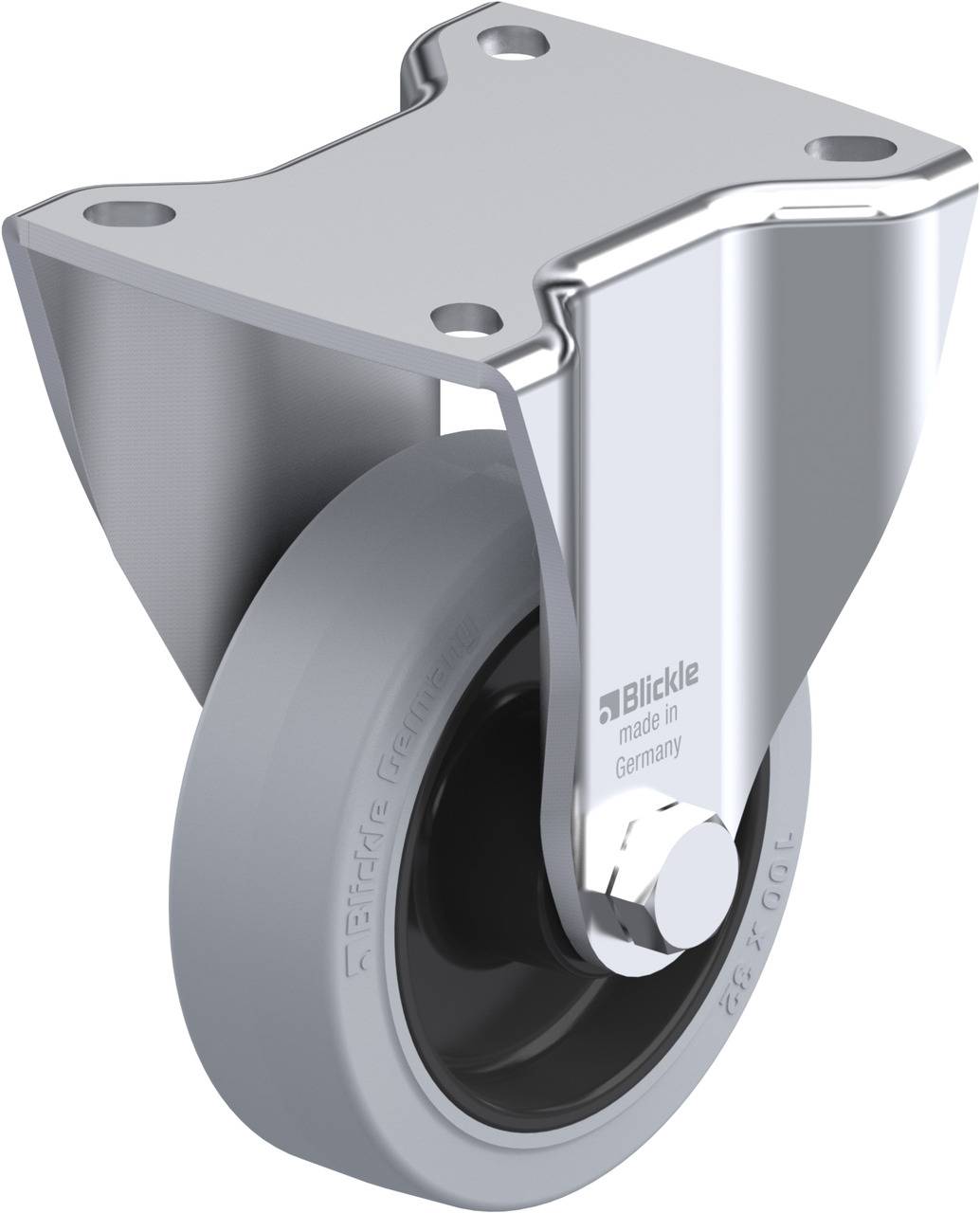 Grau-schwarz graue Lenkrolle mit Metallträger von Blickle, sichtbar mit Herstellungsbeschriftung 'made in Germany'.