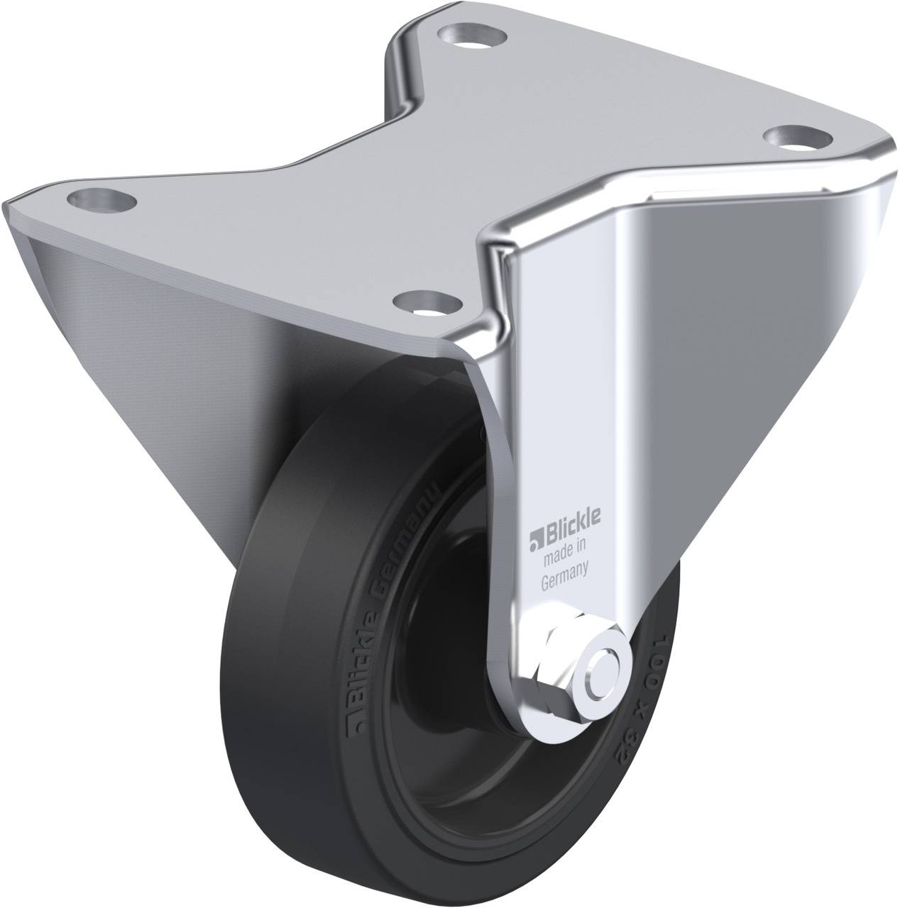 'Transportrolle aus Metall mit schwarzem Rad, geeignet für schwere Lasten. Beschriftet mit 