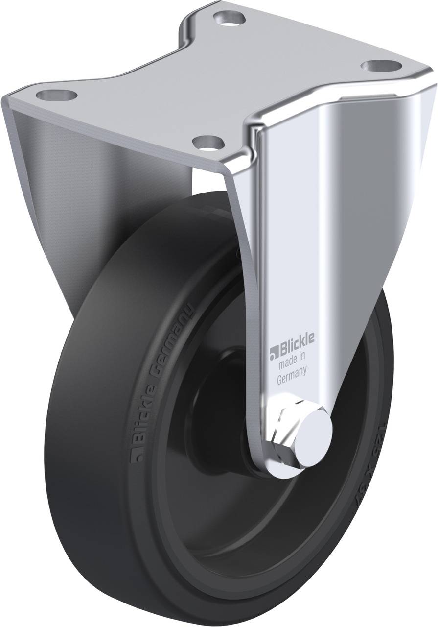 Schwenkrolle mit Metallgehäuse und Gummirad von der Marke Blickle, geeignet für industrielle Anwendungen in Deutschland.