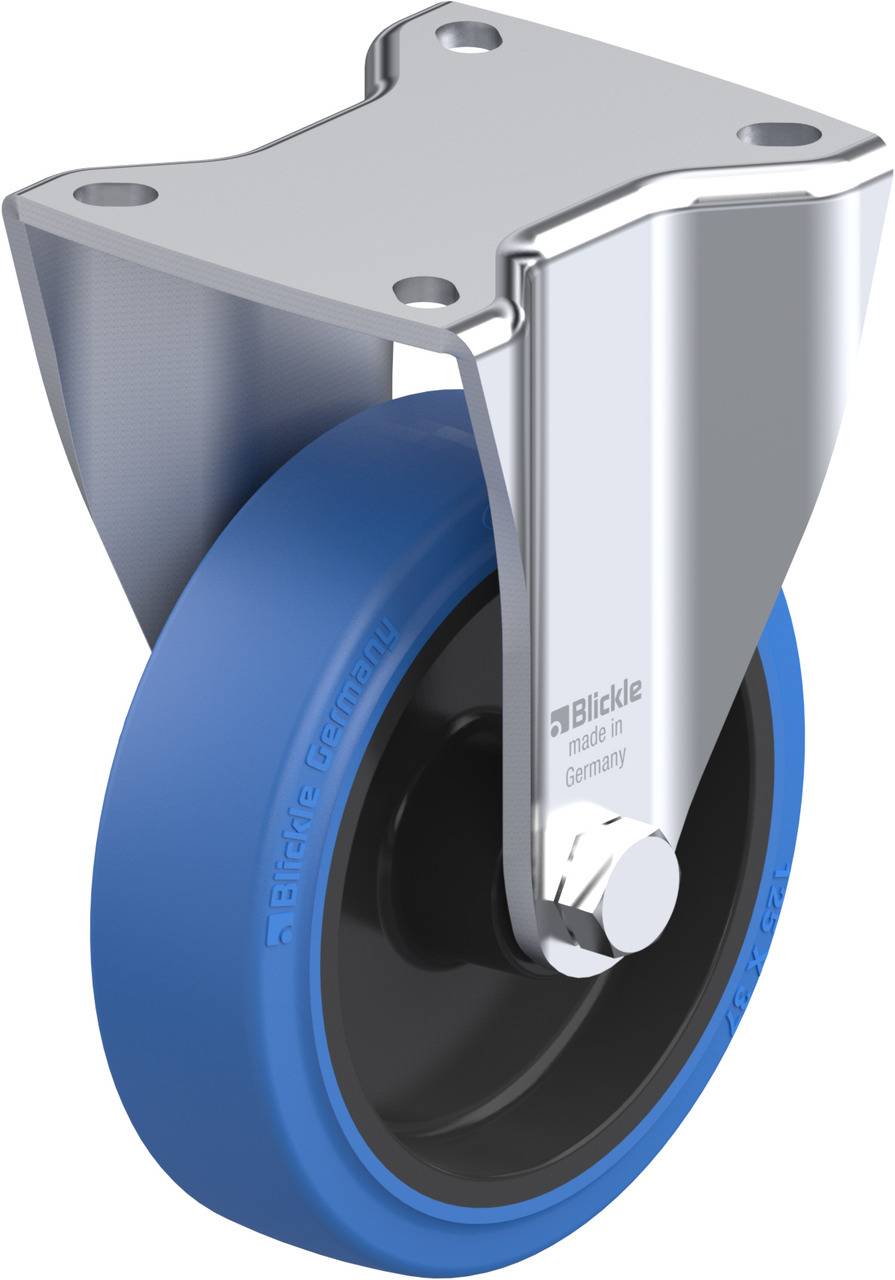 Hochwertige blaue Rolle mit schwarzem Rad und silberfarbener Halterung aus Metall, mit Aufschrift 'Blickle' und 'made in Germany'.