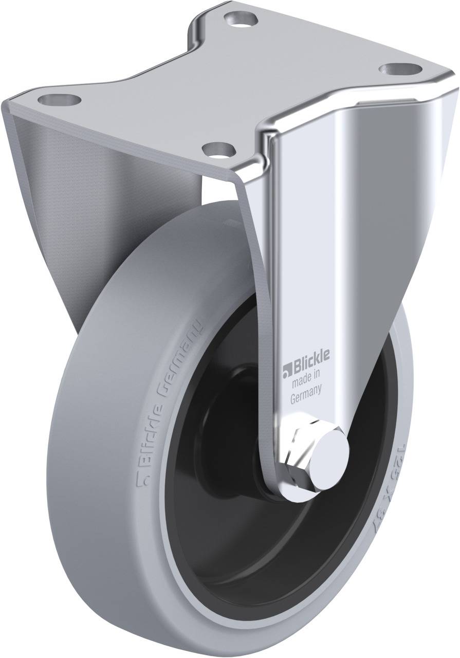 Metall-Lenkrolle mit grauem Vollgummirad, kugelgelagert. Markenaufschrift 'Blickle made in Germany' auf der Felge.