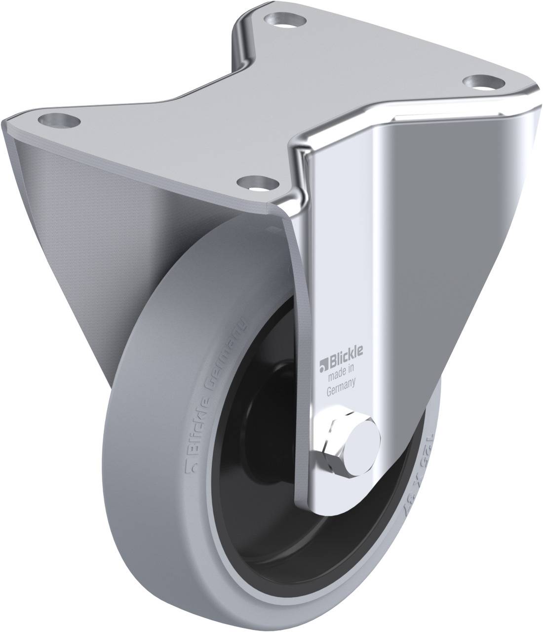 Graue Laufrolle mit silbernem Befestigungsgehäuse, beschriftet mit 'Blickle made in Germany'. Geeignet für Möbel oder Geräte.