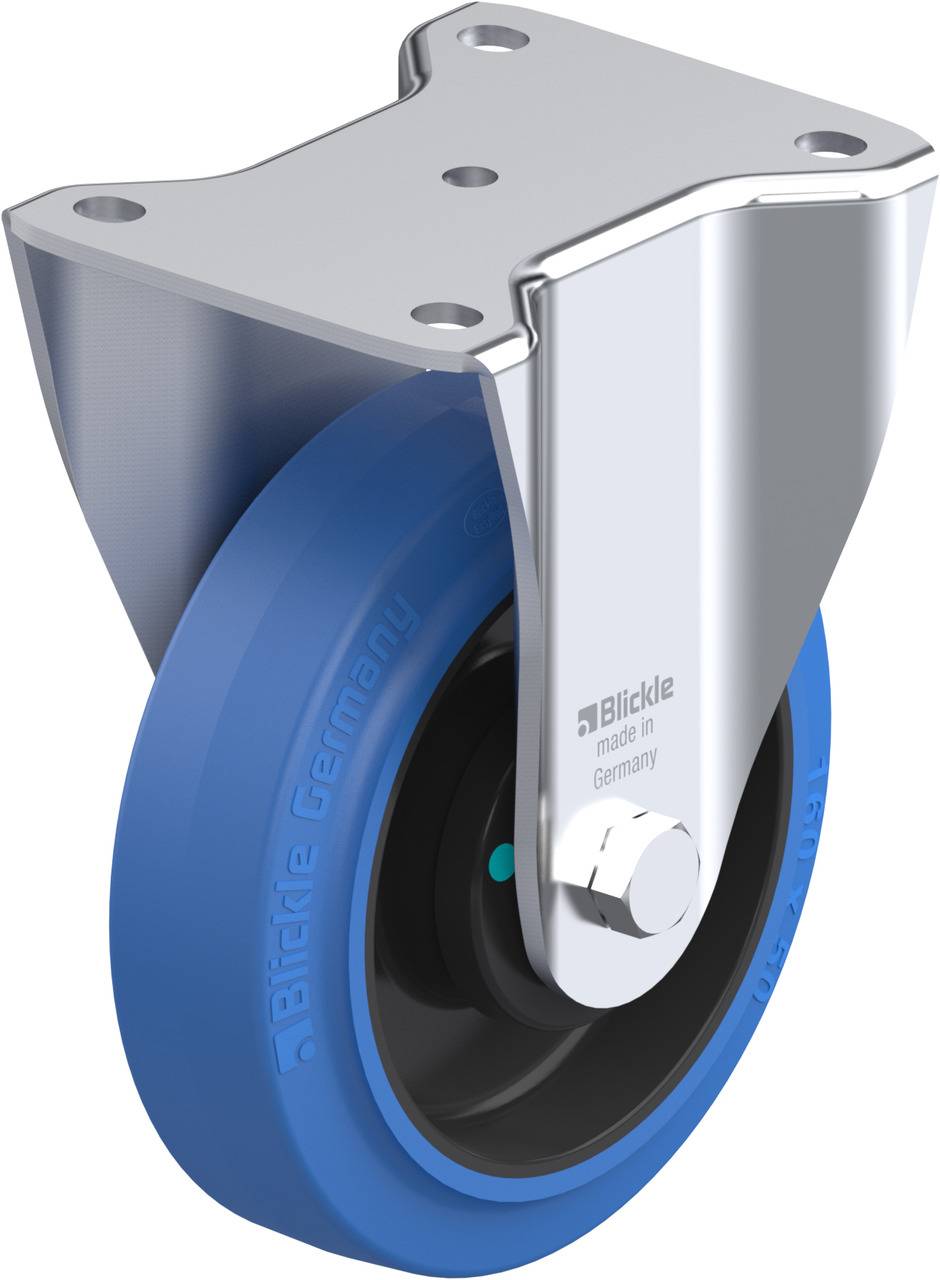 Metallenes Schwenkrollenlager mit blauem Rad, geeignet für industrielle Anwendungen. Markiert mit 'Blickle made in Germany'.