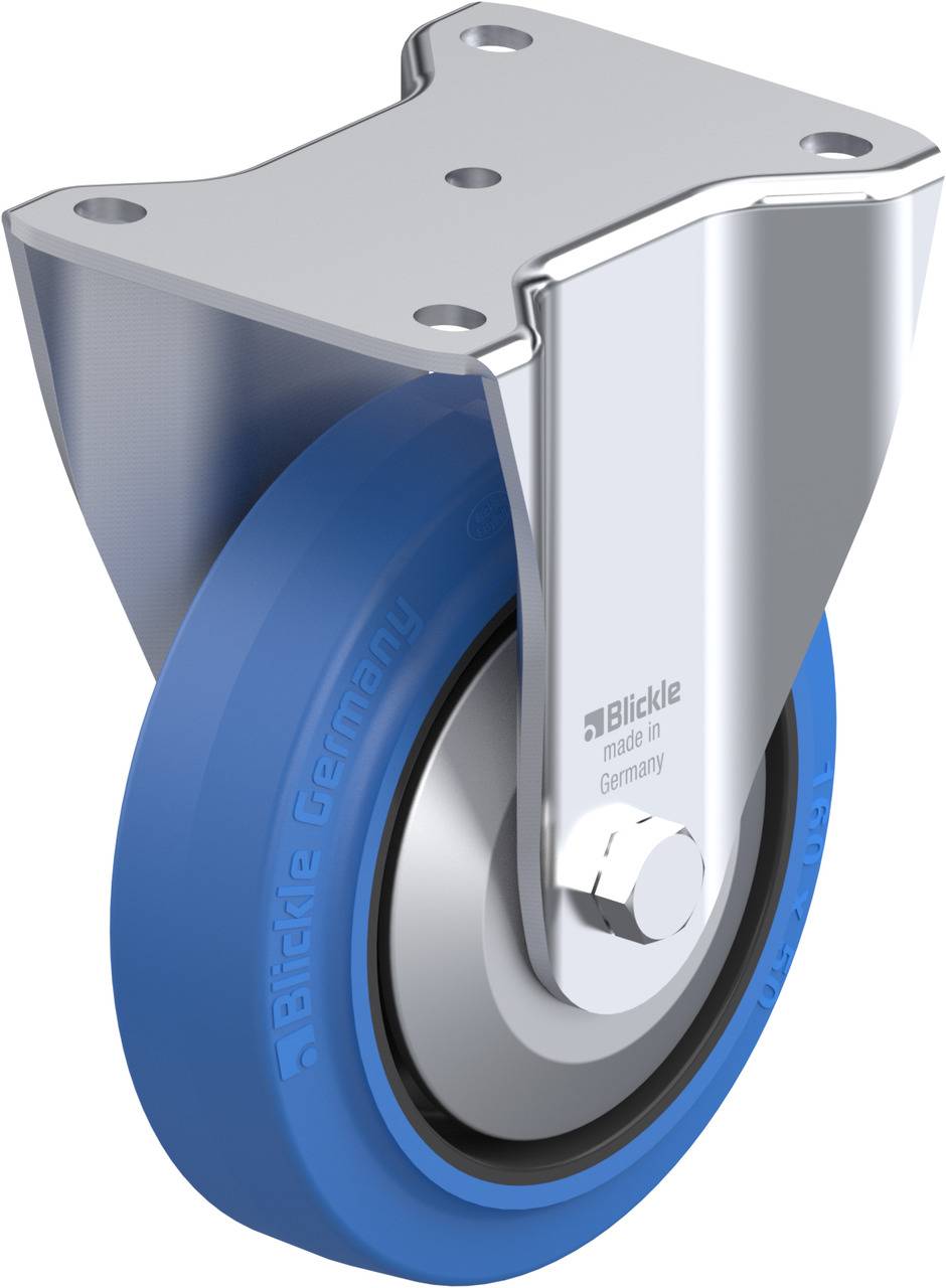 Ein blaues Rad mit einem silbernen Metallschutz, vermutlich Teil eines Möbelstücks oder Gerätes für Mobilität.