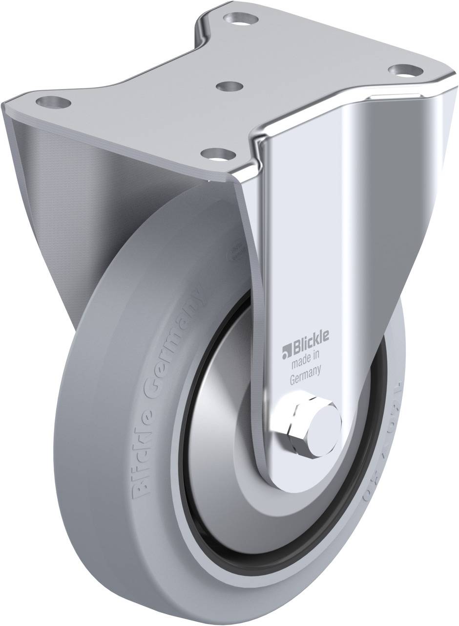 Metallrolle mit grauem Gummirad, abgedecktem Lager und silbernem Gehäuse; markiert mit 'Blickle - made in Germany'.