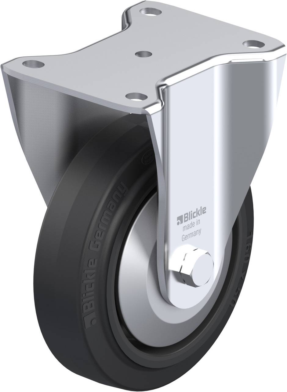 Industrie-Rollenrad mit Metallhalterung und schwarzem Gummireifen. Inschrift: 'Blickle made in Germany' auf der Halterung.
