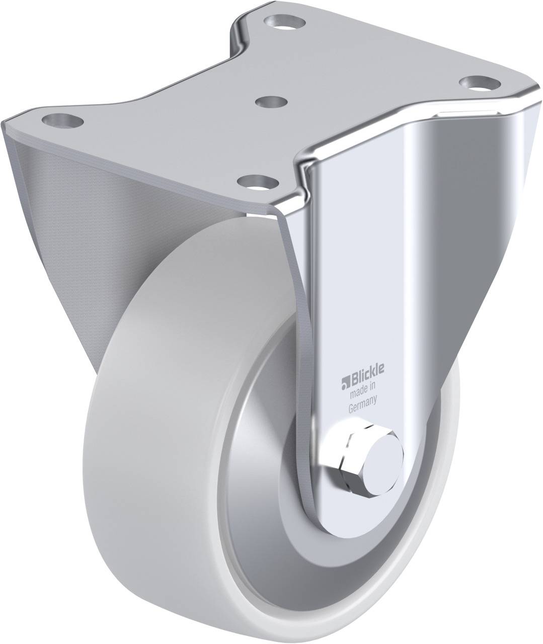 Ein silbernes Lenkrad mit grauem Rad und gebogenem Metallgehäuse. Das Logo eines Herstellers ist auf der Seite sichtbar.