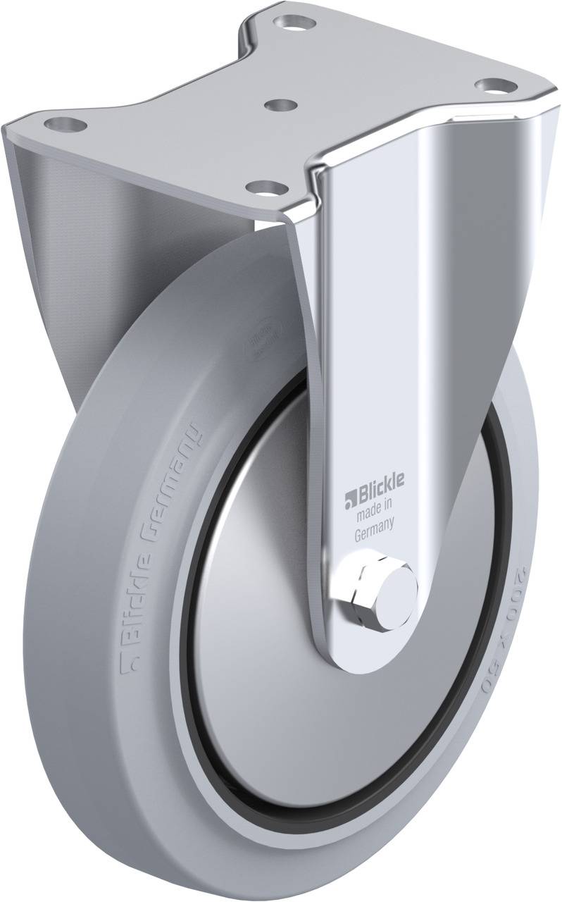 Industrie-Lenkrolle mit grauer Gummilauffläche und Metallgehäuse. Gezeigtes Produkt von 'Blickle', hergestellt in Deutschland.