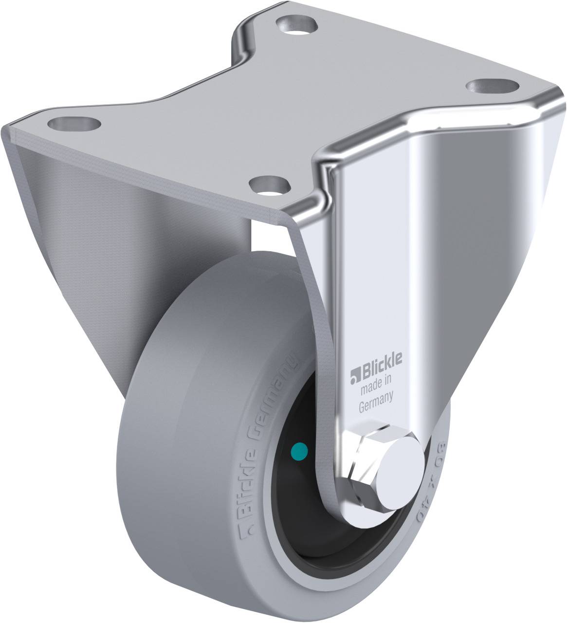 Eine graue Lenkrolle mit metallischer Halterung und der Aufschrift 'Blickle made in Germany' auf der Seite der Rolle.