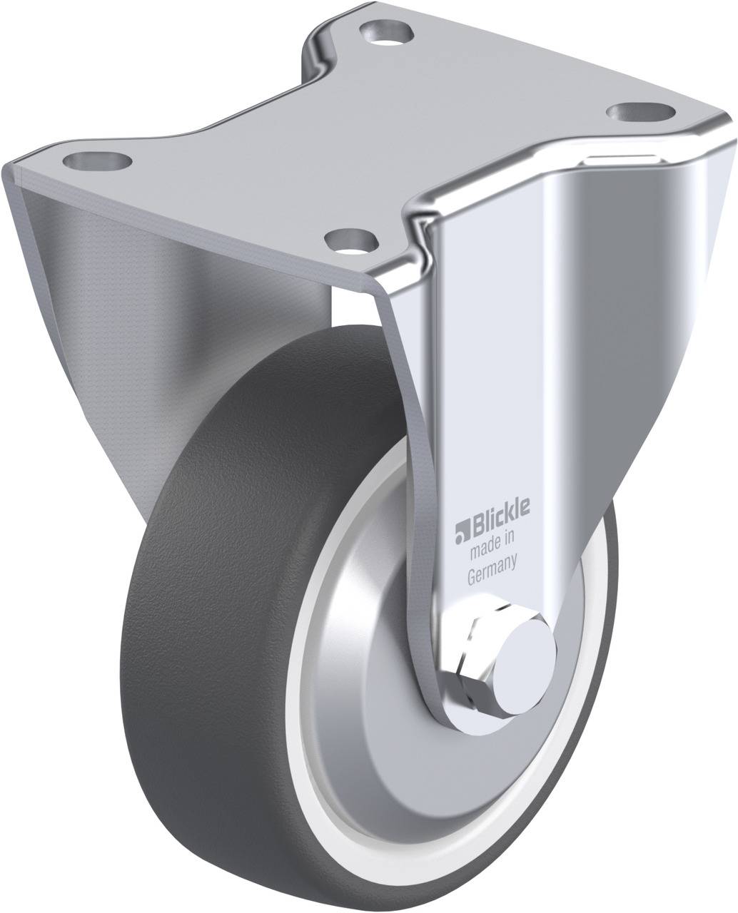 Metallrad mit schwarzem Gummirad, geeignet für Möbel oder Wagen. Montierbar mit vier Schrauben. Markierung 'Blickle, made in Germany'.