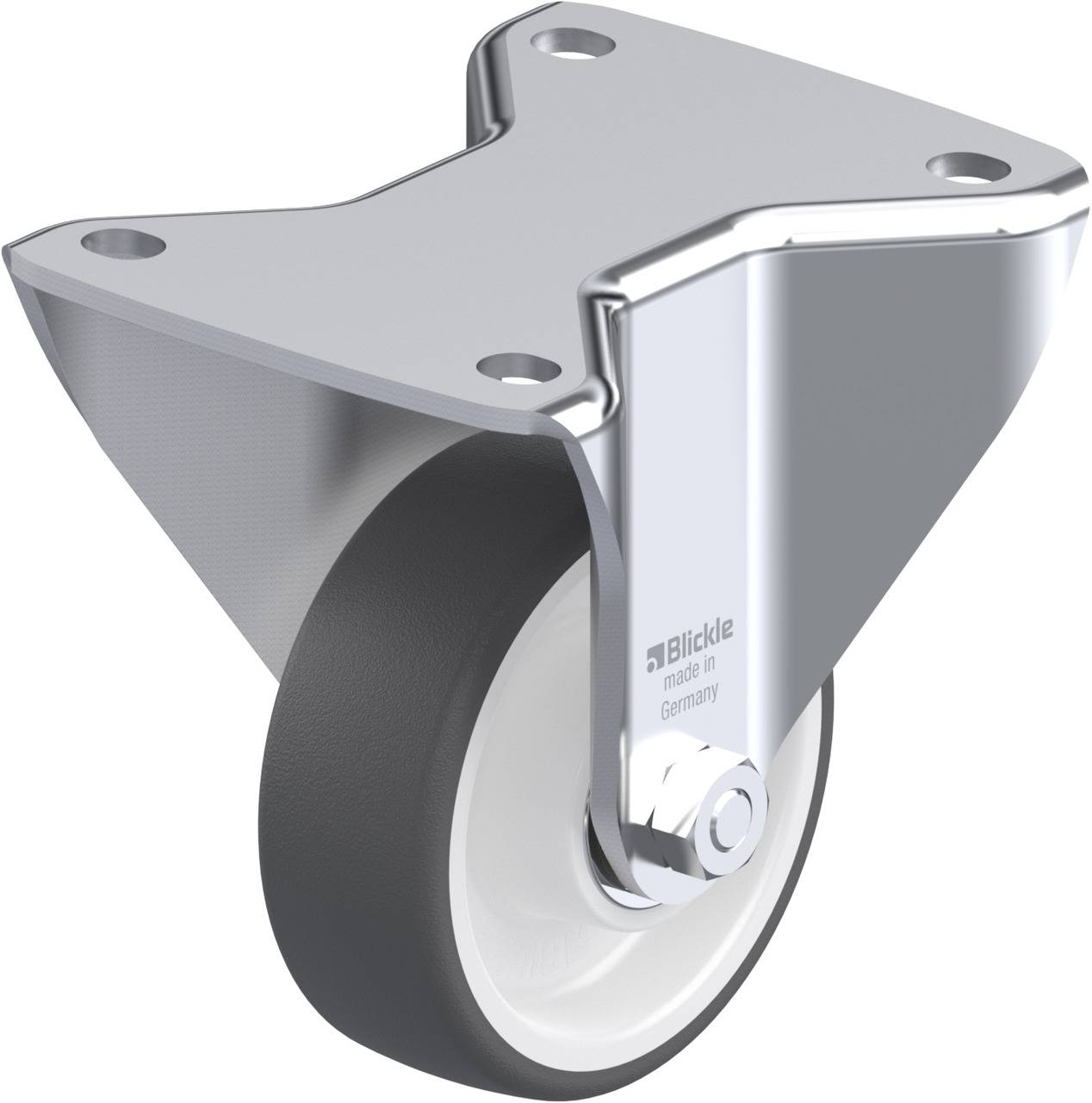 Schwenkrolle mit Metallhalterung und weißem Rad; robustes Design für leichte Beweglichkeit, geeignet für Industrieanwendungen.