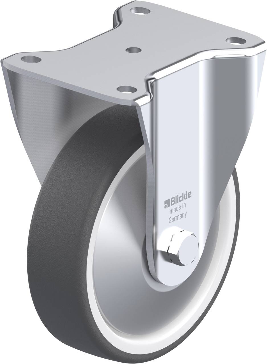 Metallrolle 'Blickle made in Germany', montierbare Drehschemelrolle mit markantem, robusten Design, geeignet für schwere Lasten.