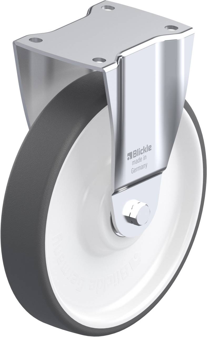 Rad mit Halterung, zum Befestigen an einem Objekt, verwendet für Bewegung. Silberner Metallrahmen, schwarzes Rad.