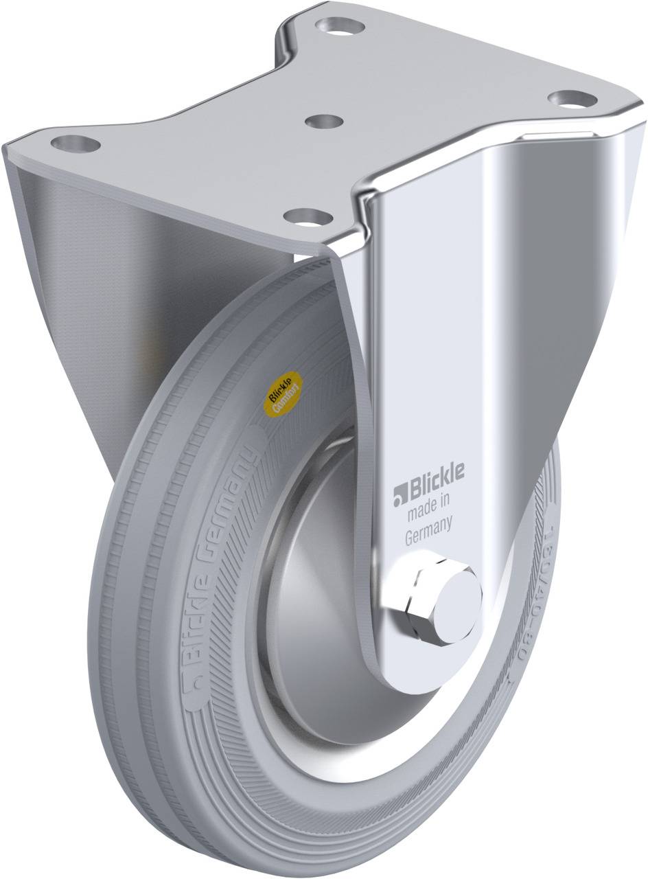 'Blickle' Lenkrolle aus Metall mit grauem Gummirad, geeignet für robuste Anwendungen in Industrieumgebungen.