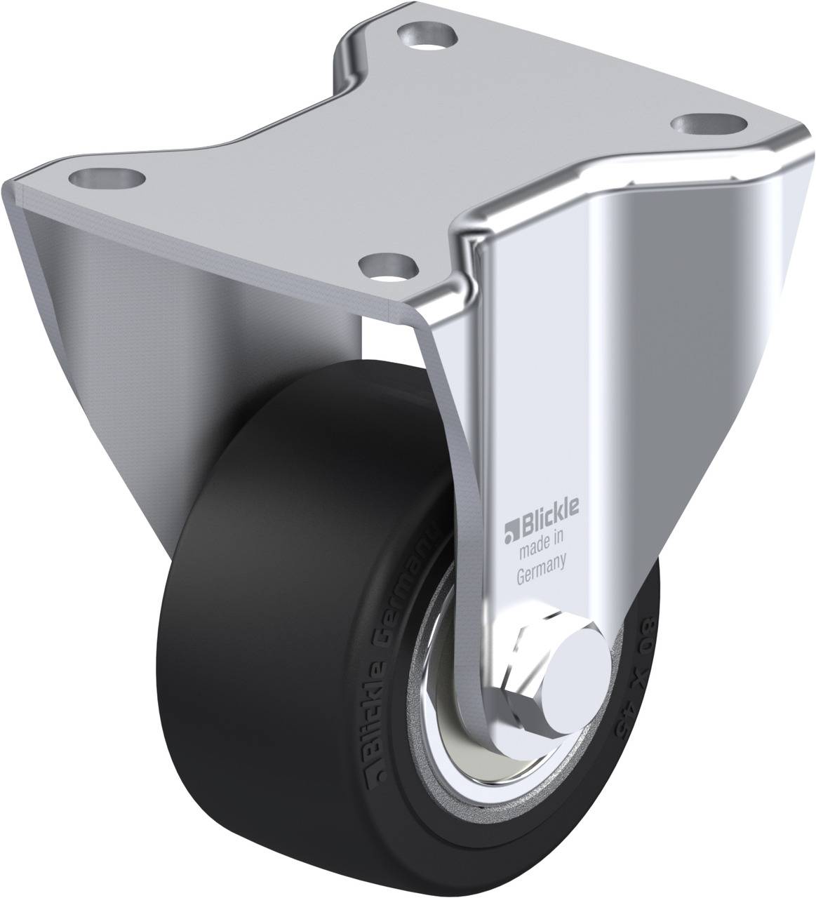 Metallrolle mit schwarzem Rad und Halterung, Marke 'Blickle', hergestellt in Deutschland. Geeignet für industrielle Anwendungen.
