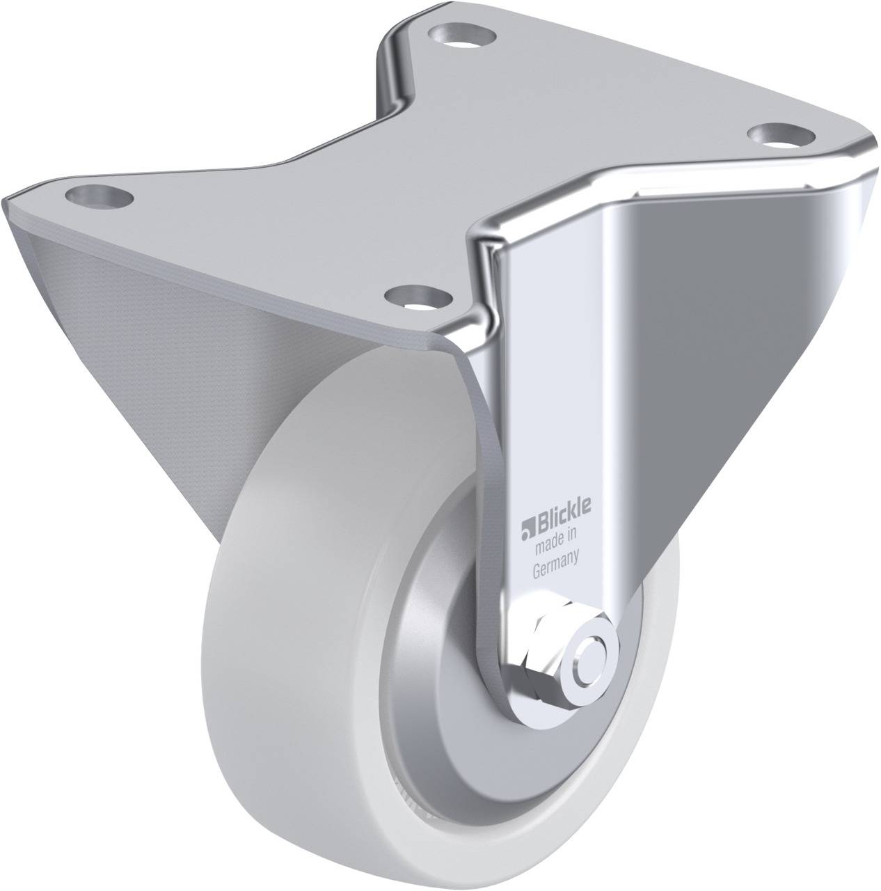 Ein schwenkbares Rad mit silbernem Gehäuse und weißem Rad. Auf dem Gehäuse ist die Aufschrift 'Blickle, Made in Germany'.