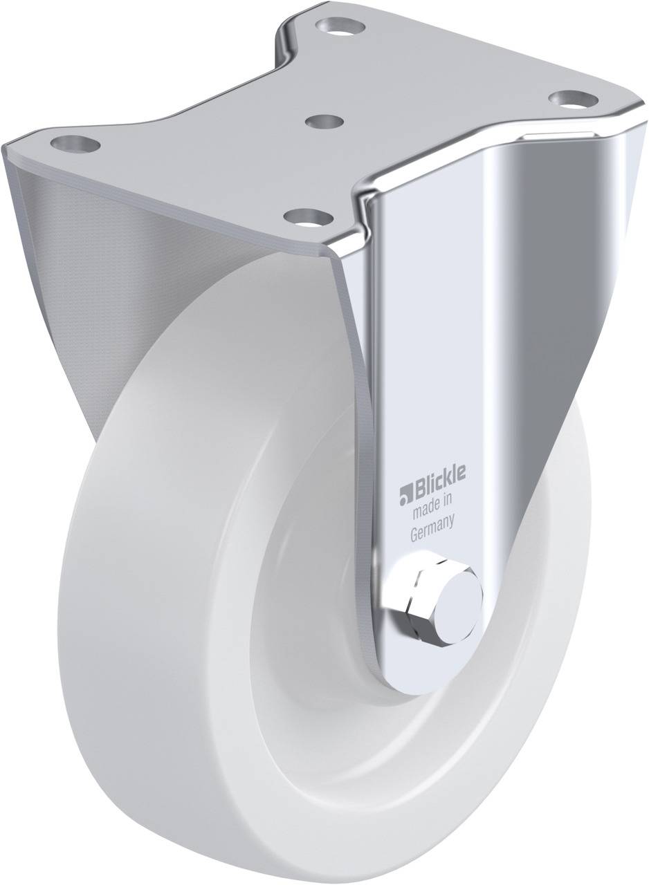 Metallrolle mit weißem Rad, montiert auf einem silbernen Gehäuse, für Befestigung zur Bewegung von Objekten.