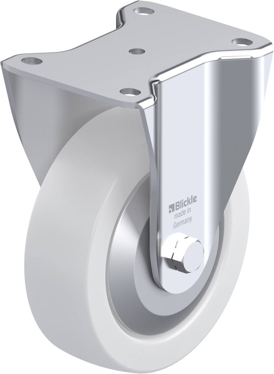 Ein industrielles Laufrollenrad mit Metallgehäuse und weißem Rad. Eignet sich für den Einsatz an beweglichen Geräten oder Möbeln.