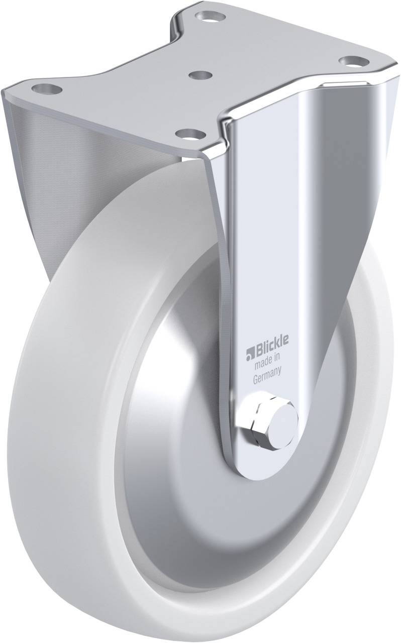Industrie-Rolle mit glänzendem Metallgehäuse und weißem Rad, Nutzung oft für Transportgeräte. Aufdruck 'Blickle made in Germany'.