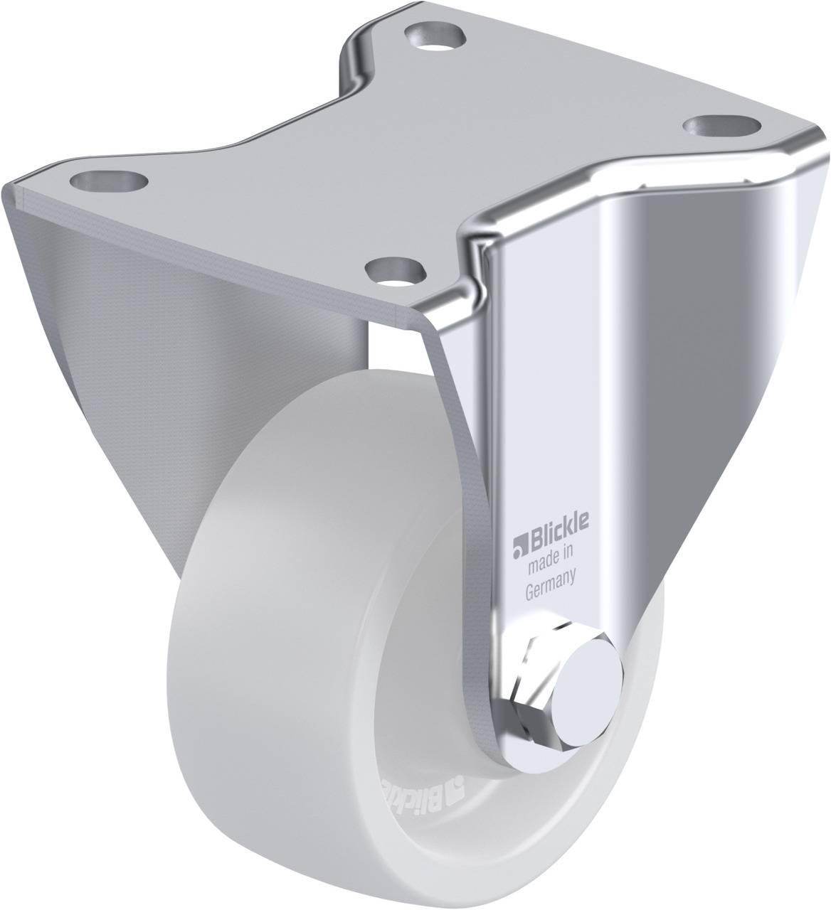Ein weißes Rad mit silbernem Halter, geeignet für industrielle Anwendungen. Im Halter ist die Aufschrift 'Blickle made in Germany'.