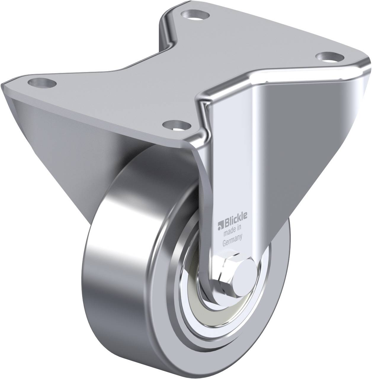 Ein glänzendes, rundes Metallrad mit einer Befestigungsplatte, geeignet für den Einsatz an Möbeln oder Industrieausrüstung.