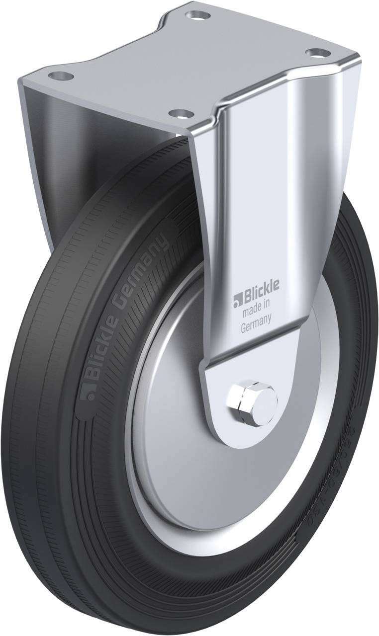 Industrielles Rad aus Metall und Gummi, mit Schriftzug 'Blickle made in Germany' auf der Radseite, montierbar an Maschinen.
