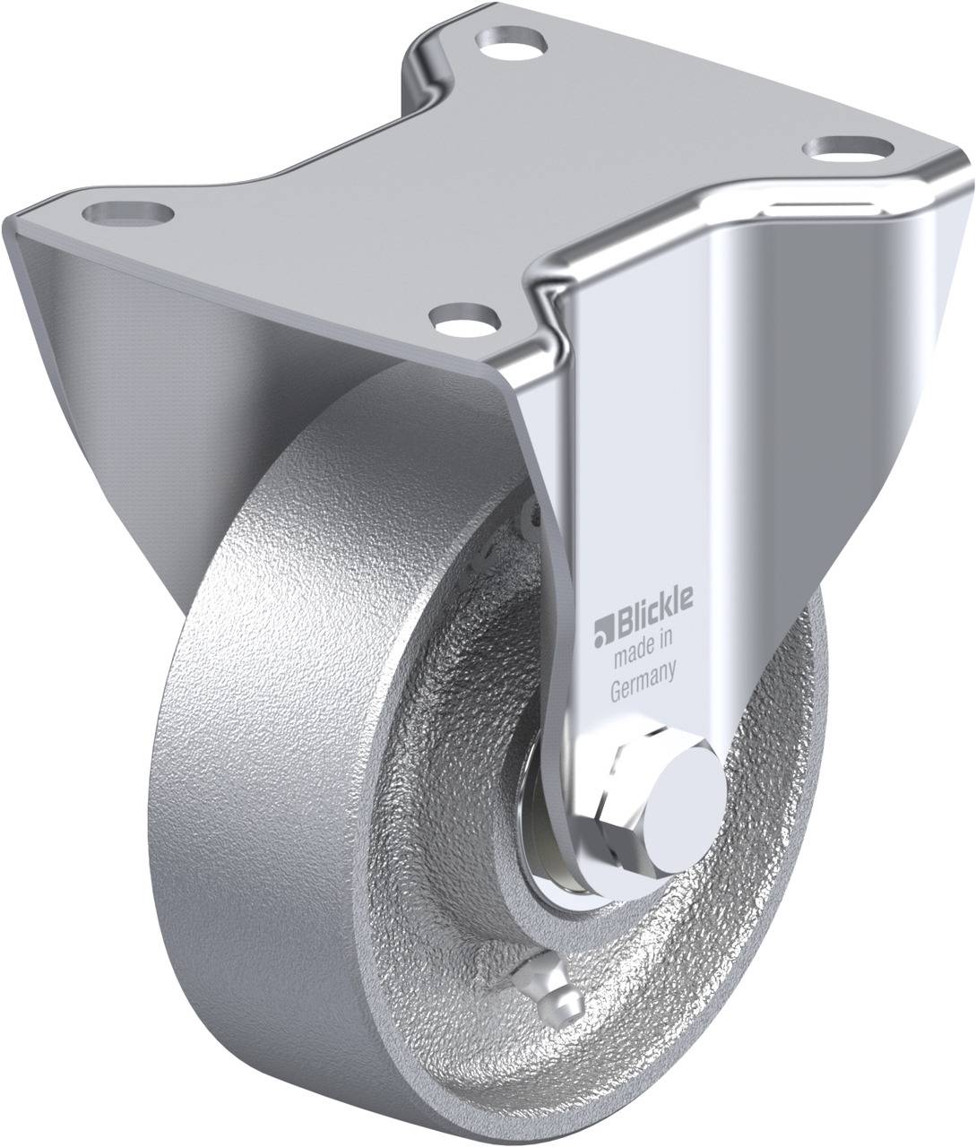 Metallisches Schwenkrollenelement mit glänzendem Gehäuse, silbernem Rad und Markenaufdruck 'Blickle made in Germany'.