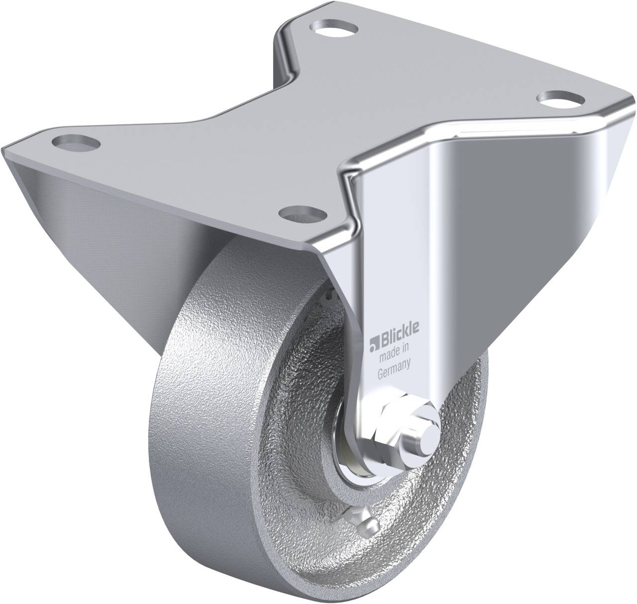 Metallisches Schwenkrollenrad mit Halterung, glänzend verchromt, geeignet für industrielle Anwendungen.