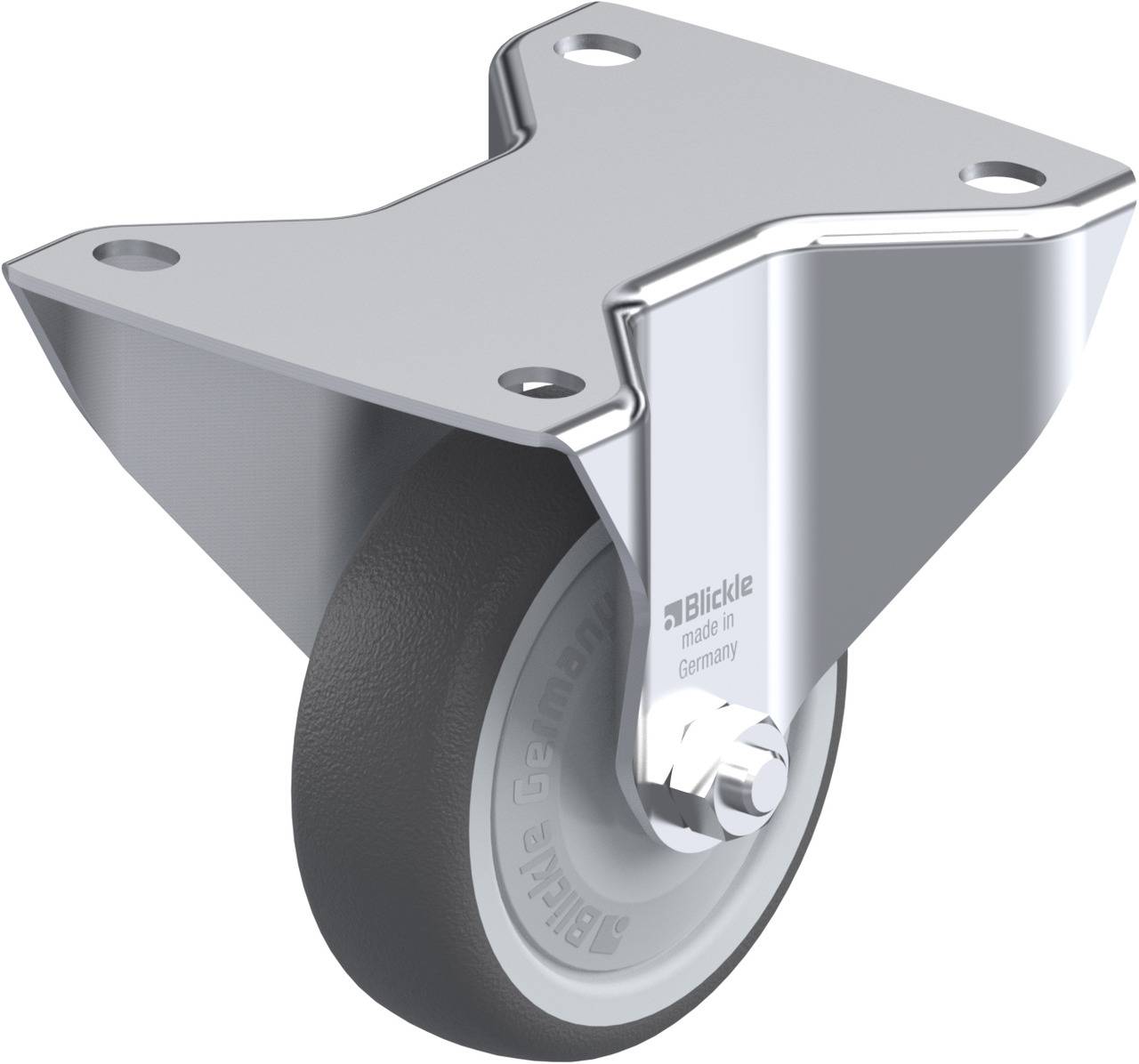 Schwenkrolle mit grauem Rad und silbernem Metallgehäuse, geeignet für leichte bis mittelschwere Lasten.