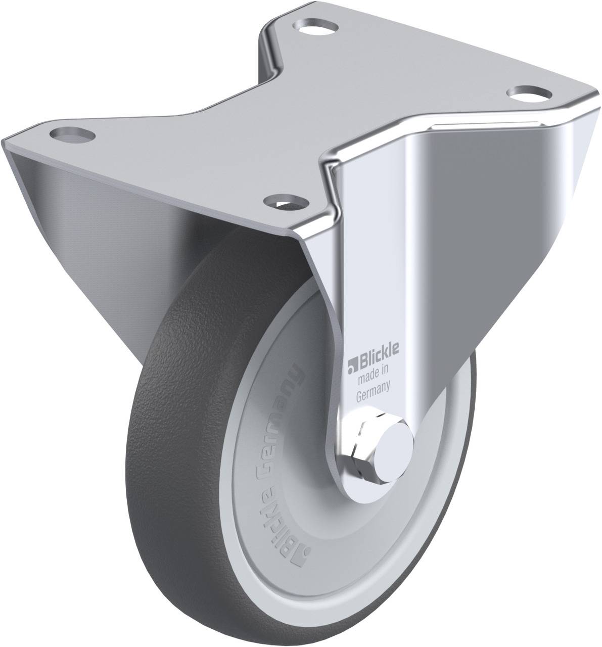 Ein einzelnes Lenkrollenrad aus Metall mit schwarzem Reifen. Geeignet für industrielle Transportanwendungen.