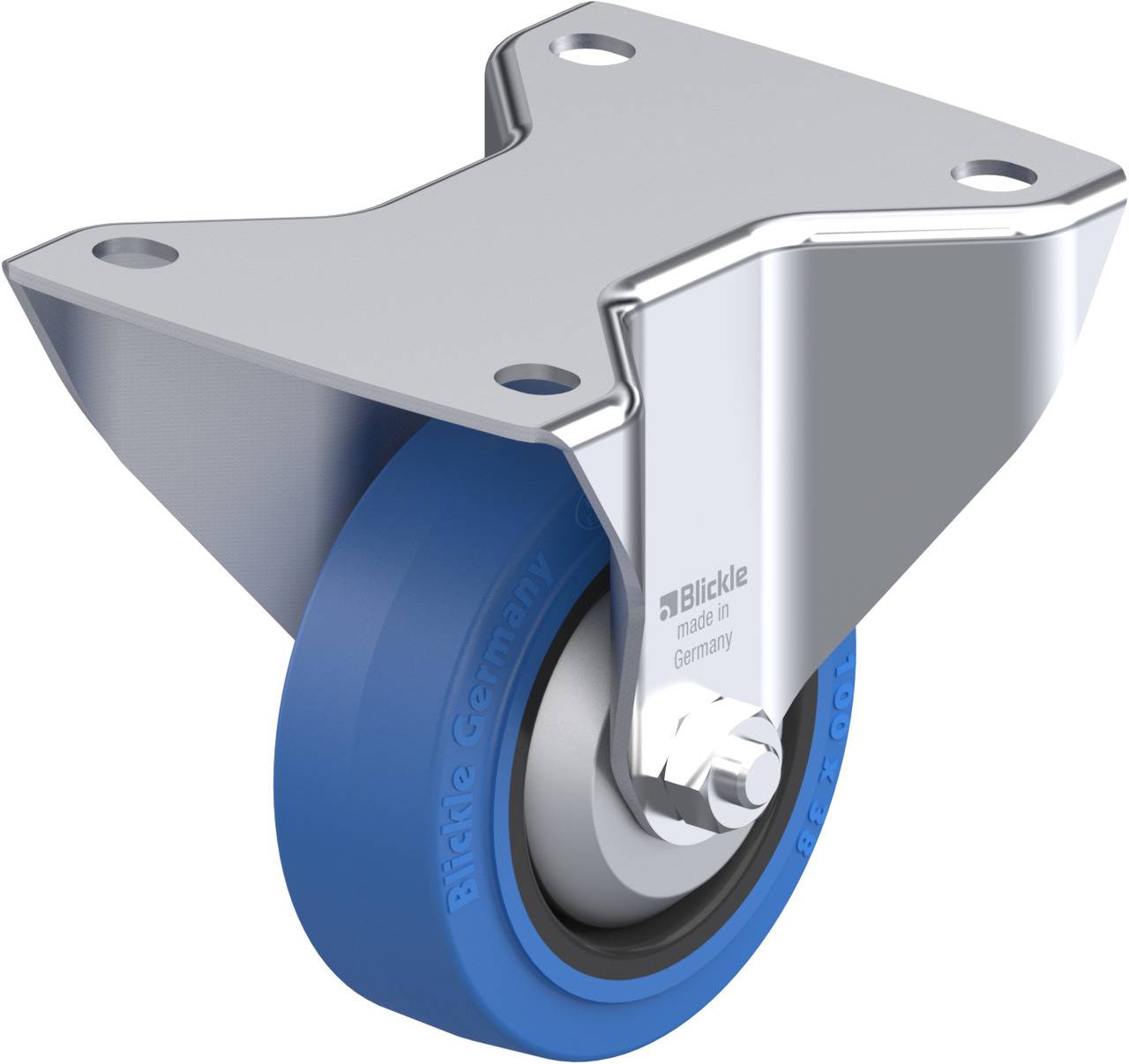 Metall-Drehrollenhalterung mit blauem Rad. Präzisionskugellager eingebaut. Aufschrift: 'Blickle Germany'.