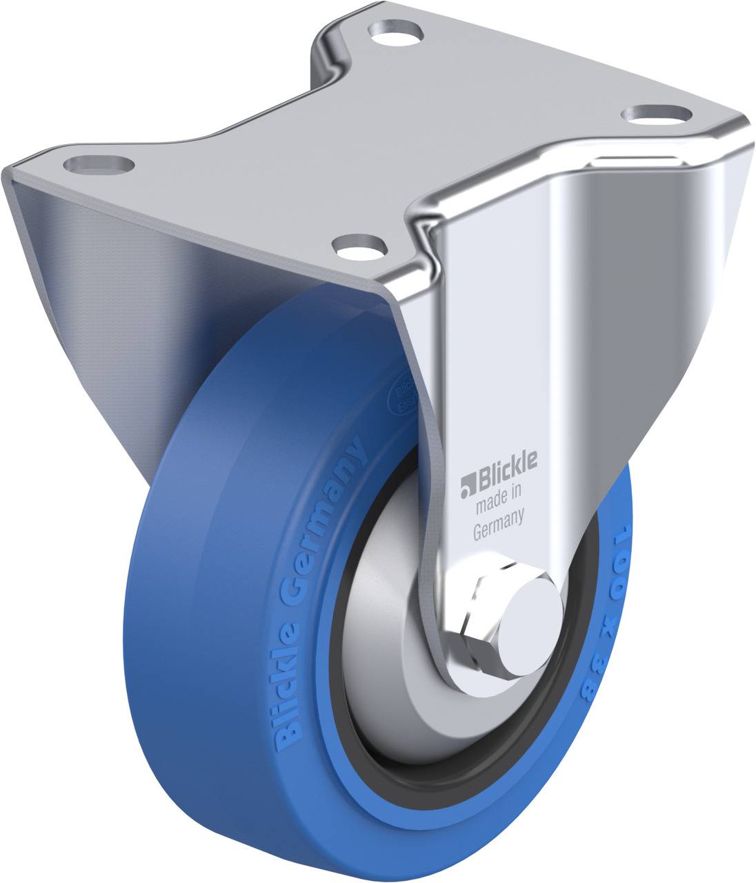 Industrie-Rollenhalterung aus Metall mit blauer Kunststoffrolle, geeignet für den Einbau an Maschinen oder Möbeln. Aufschrift 'Blickle'.