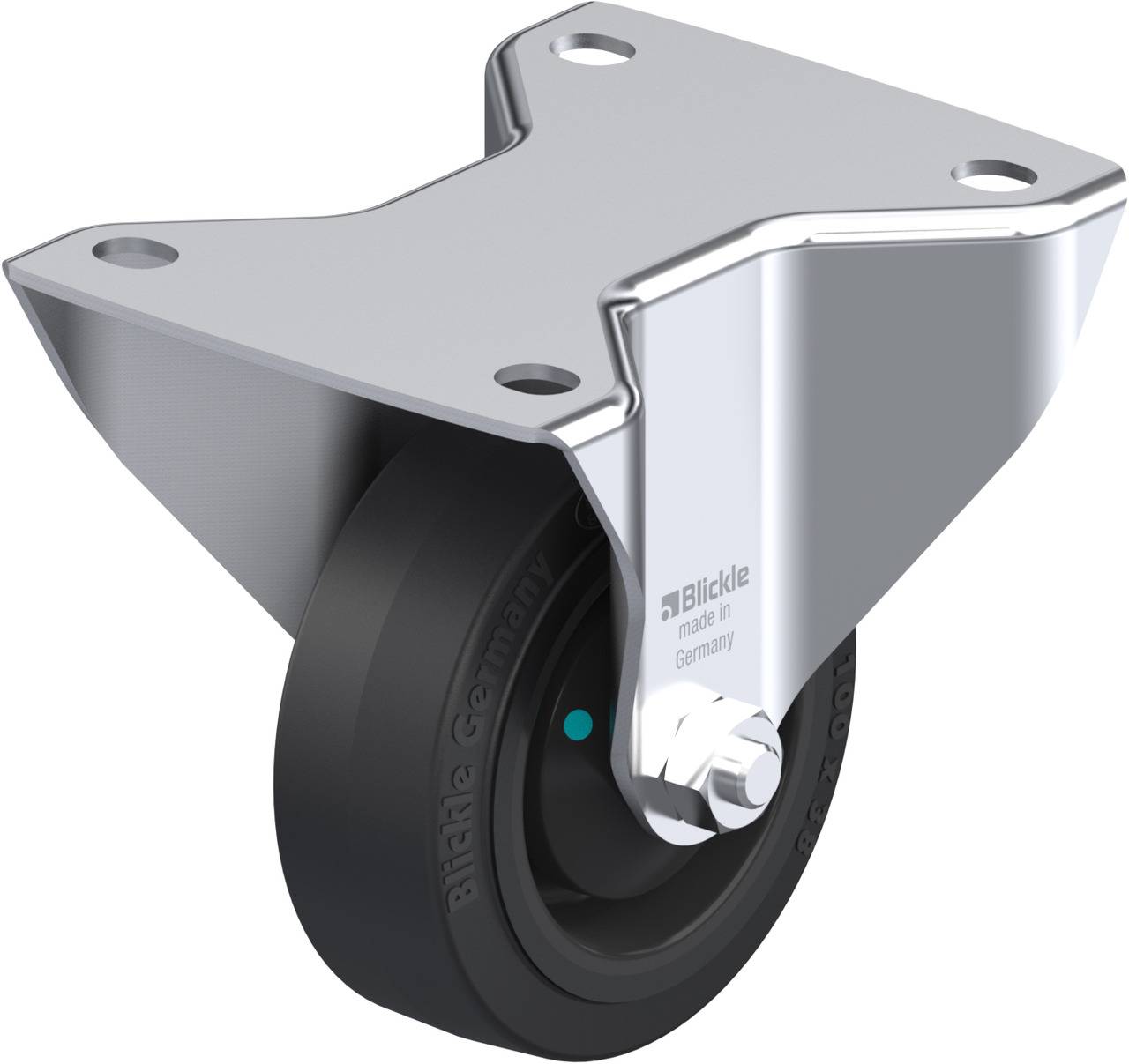 Ein starrer Rollenfuß mit einem schwarzen Rad, befestigt an einer metallischen Halterung, erkennbar eine Schwerlastrolle.