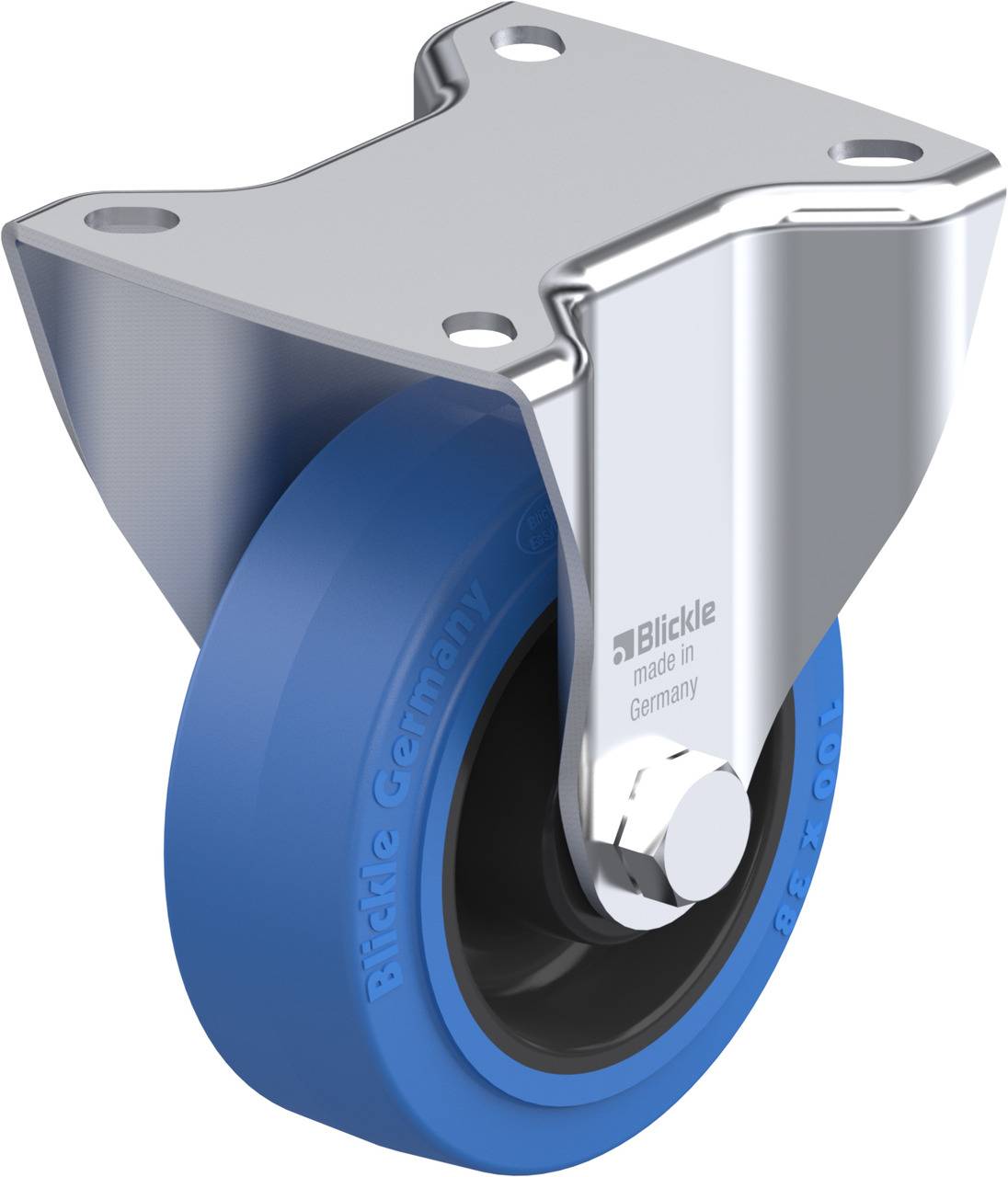Blaues Möbelrad mit silbernem Metallgehäuse, Aufschrift 'Blickle Germany'. Drehbar, zur Befestigung an flachen Oberflächen.