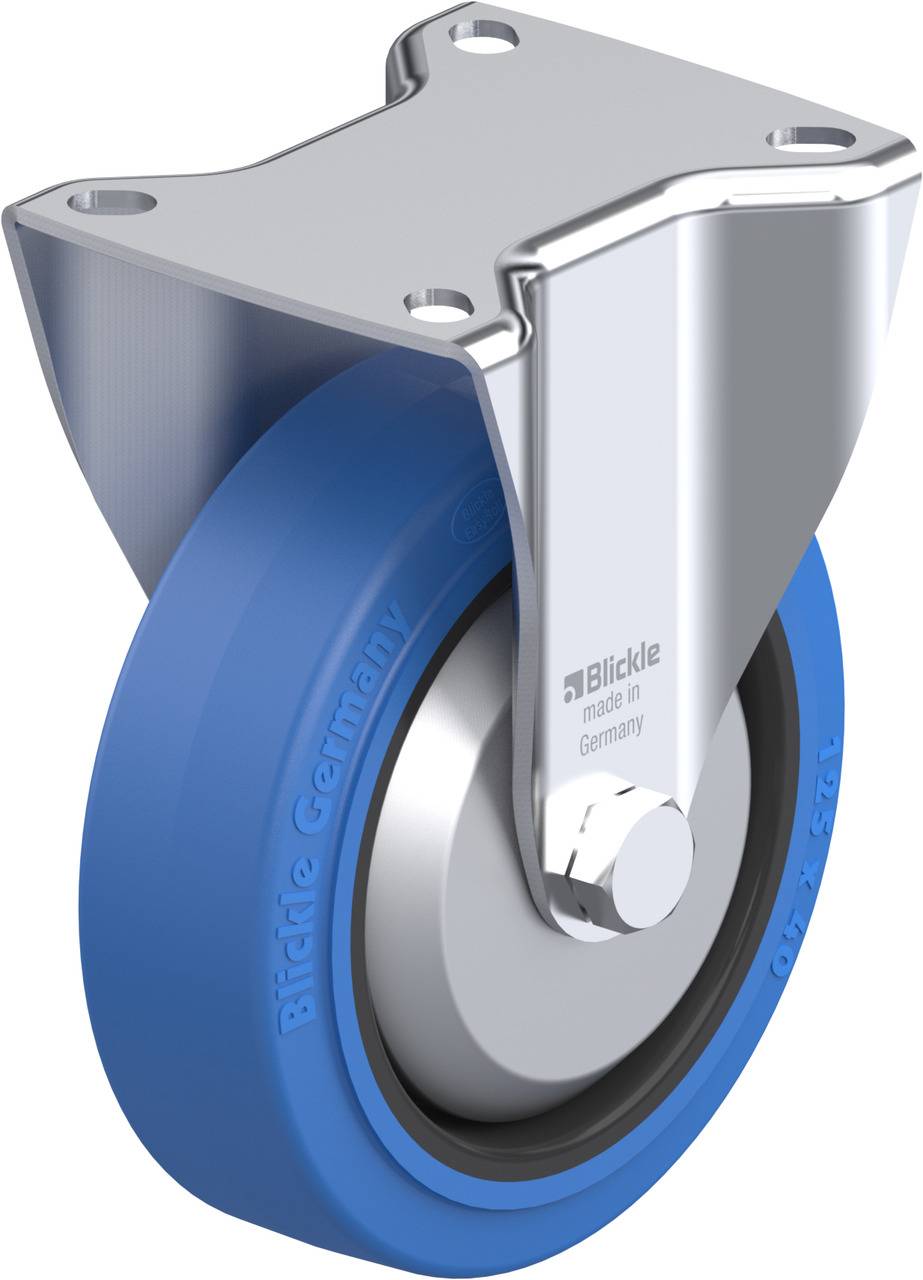 Rolle mit blauem Rad und silbernem Gehäuse, geeignet für Transportwagen.  Hergestellt in Deutschland von Blickle.