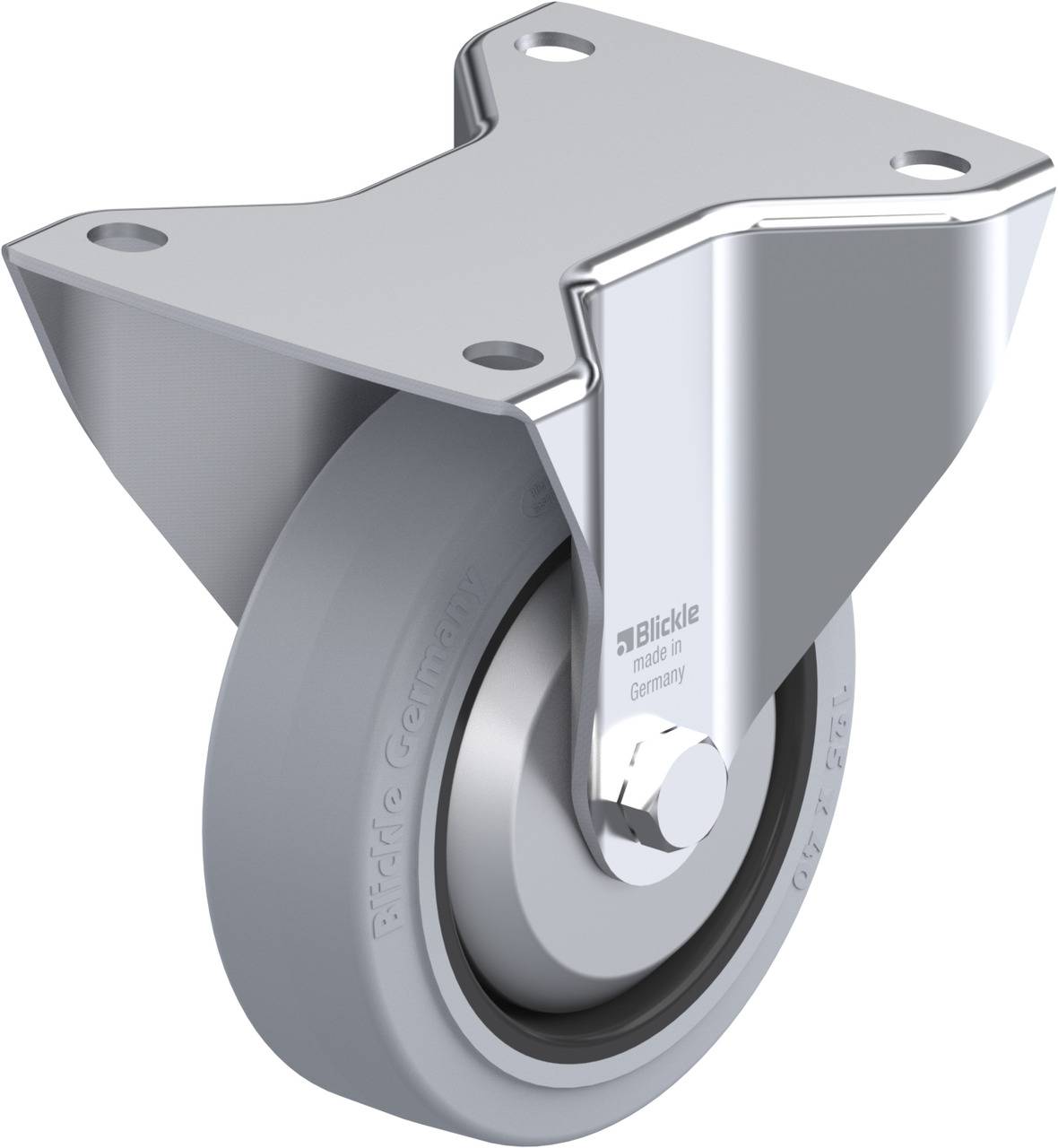 Schwenkrolle mit Metallgehäuse und grauem Rad, geeignet für schwere Lasten. Das Rad ist mit der Aufschrift 'Blickle' versehen.