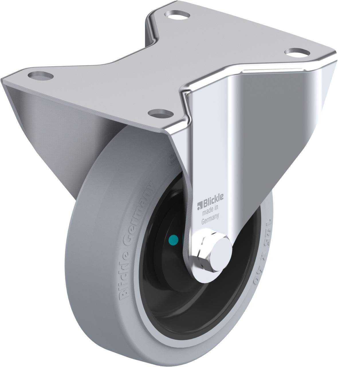 Grau-schwarzes Rad aus Kunststoff mit silbernem Metallgehäuse. Das Gehäuse hat zwei Löcher für die Montage. Aufschrift: 'Blickle'.