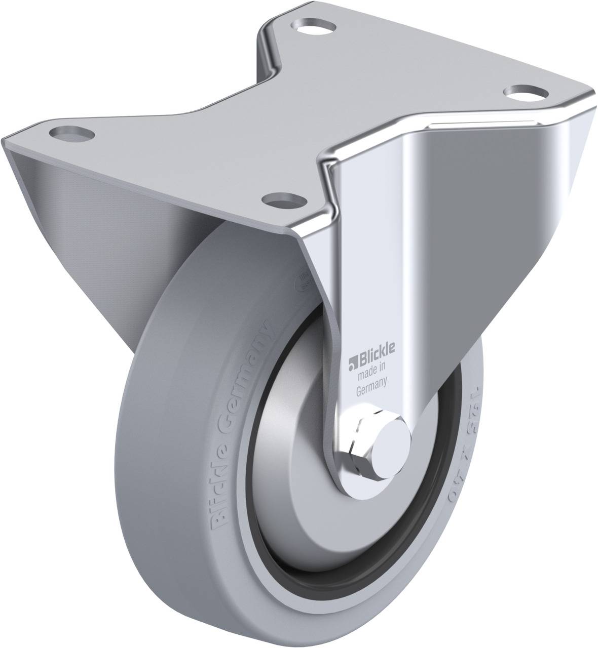Industrie-Lenkrolle aus Metall mit grauem Rad, montiert auf Metallplatte. Geeignet zur Befestigung an Maschinen oder Möbeln.