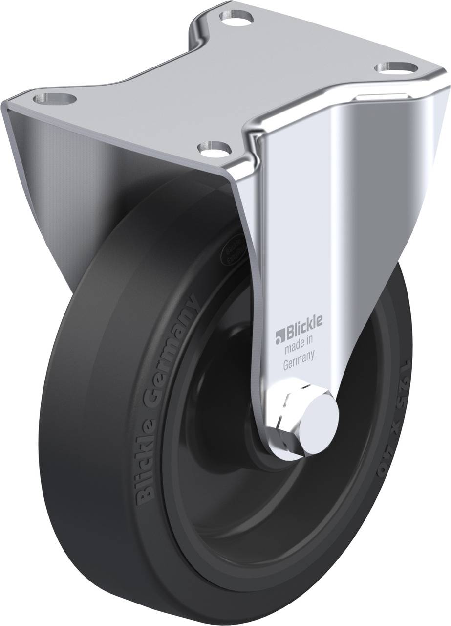 Schwenkrolle mit schwarzem Rad und silberner Halterung, geeignet für Transportgeräte. Aufschrift: 'Blickle, made in Germany'.