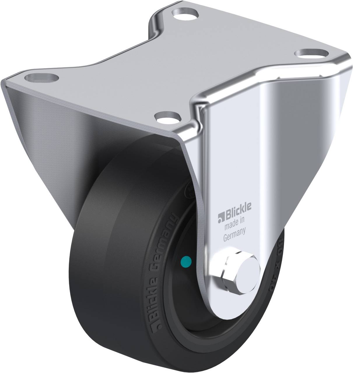 Industrie-Rollenbefestigung aus Metall mit einem schwarzen Rad. Sichtbar ist das Logo 'Blickle made in Germany' auf dem Rad.